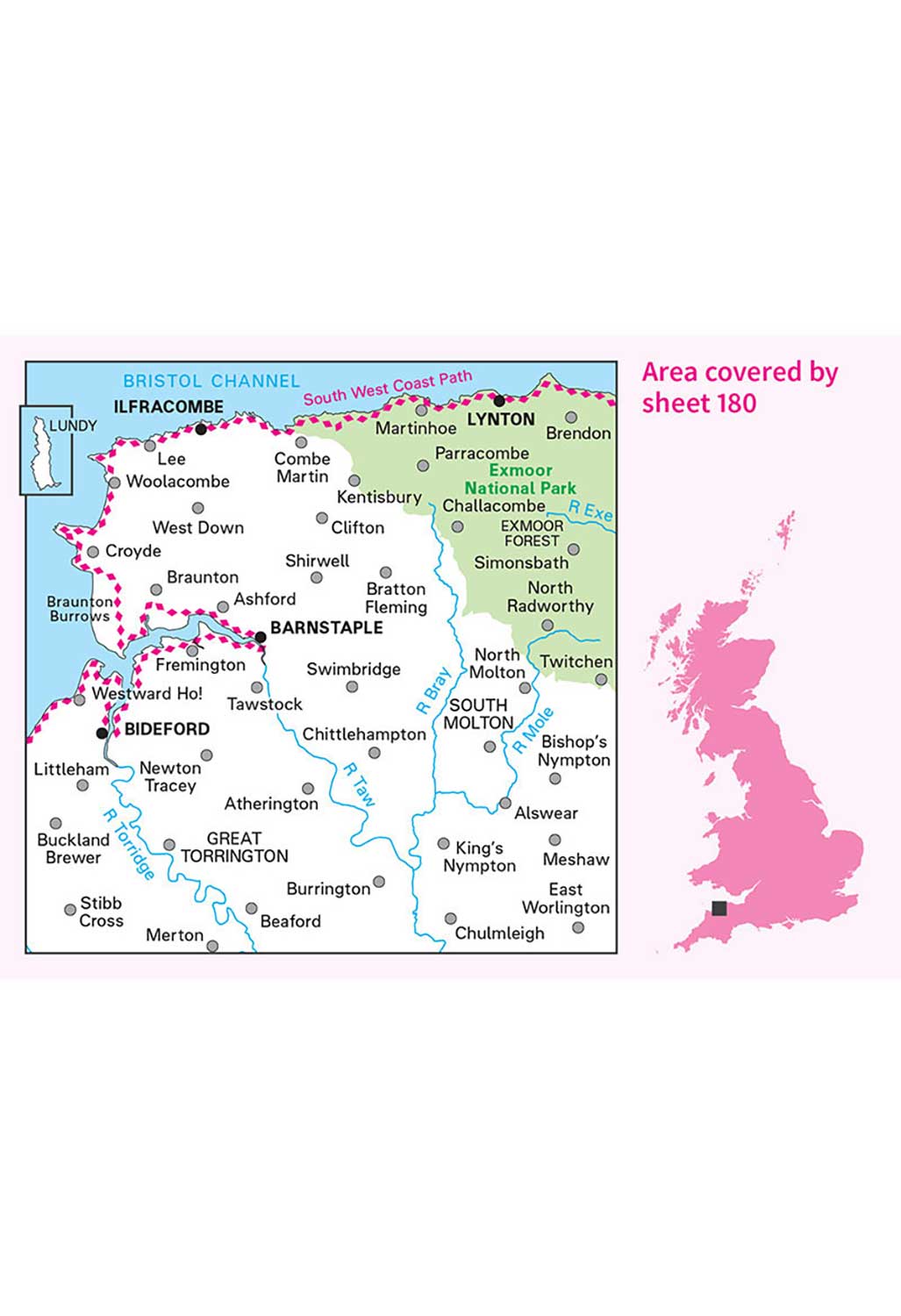 Ordnance Survey Barnstaple, Ilfracombe, Lynton & Bideford - Landranger 180 Map