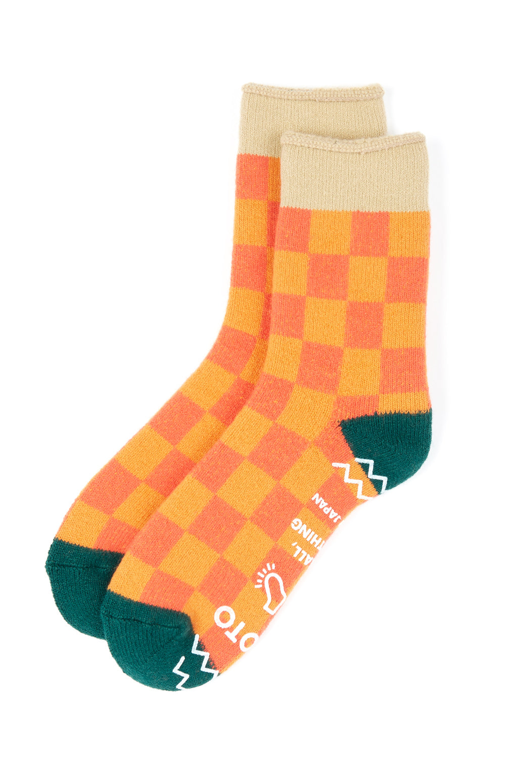 ROTOTO Pile Room Checkerboard Socks - Light Orange / Beige / Dark Green